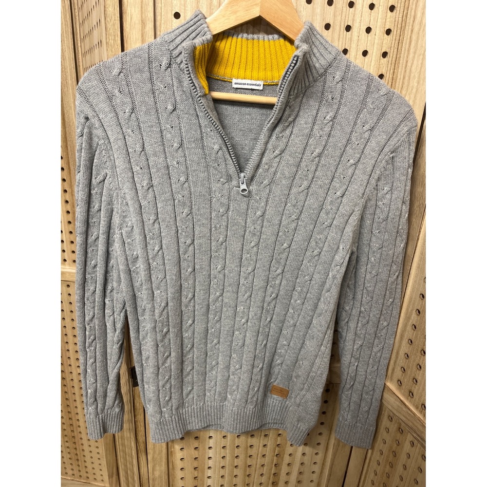 Amazon‎ Essentials Kids Gray Cable Knit Quarter Zip Sweater Yellow Collar XL